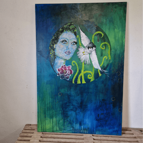 Kestrel and woman | Original painting | Simone Freiheit