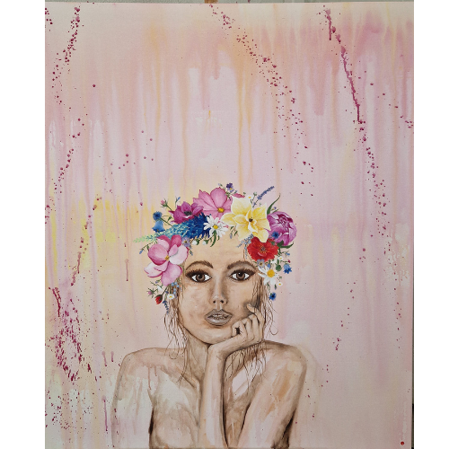 Bloemen op mijn hoofd | Origineel schilderij | Simone Freiheit